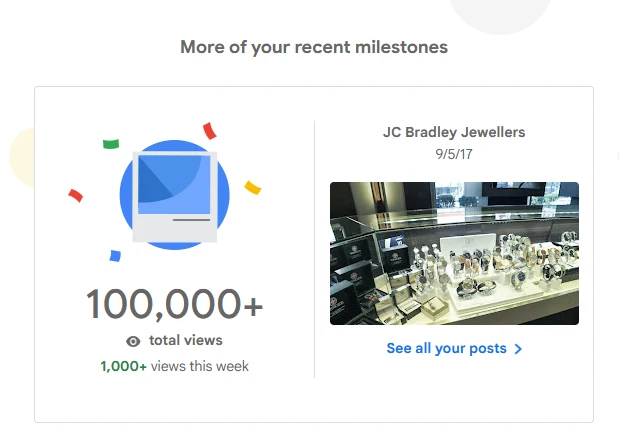 Google Maps milestone notice: JC Bradley Jewellers photo, 100,000+ photo views, 1,000+ views this week