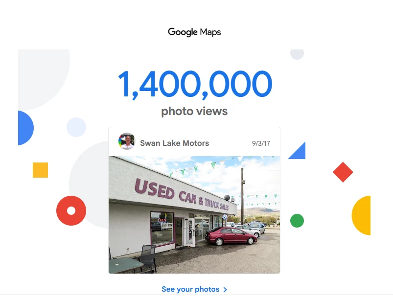 Google Maps milestone notice: 1,400,000 photo views, Swan Lake Motors, 9/3/17